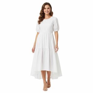 Code X Mode White Puff Sleeve High Low Tiered Midi Dress Pockets Women S